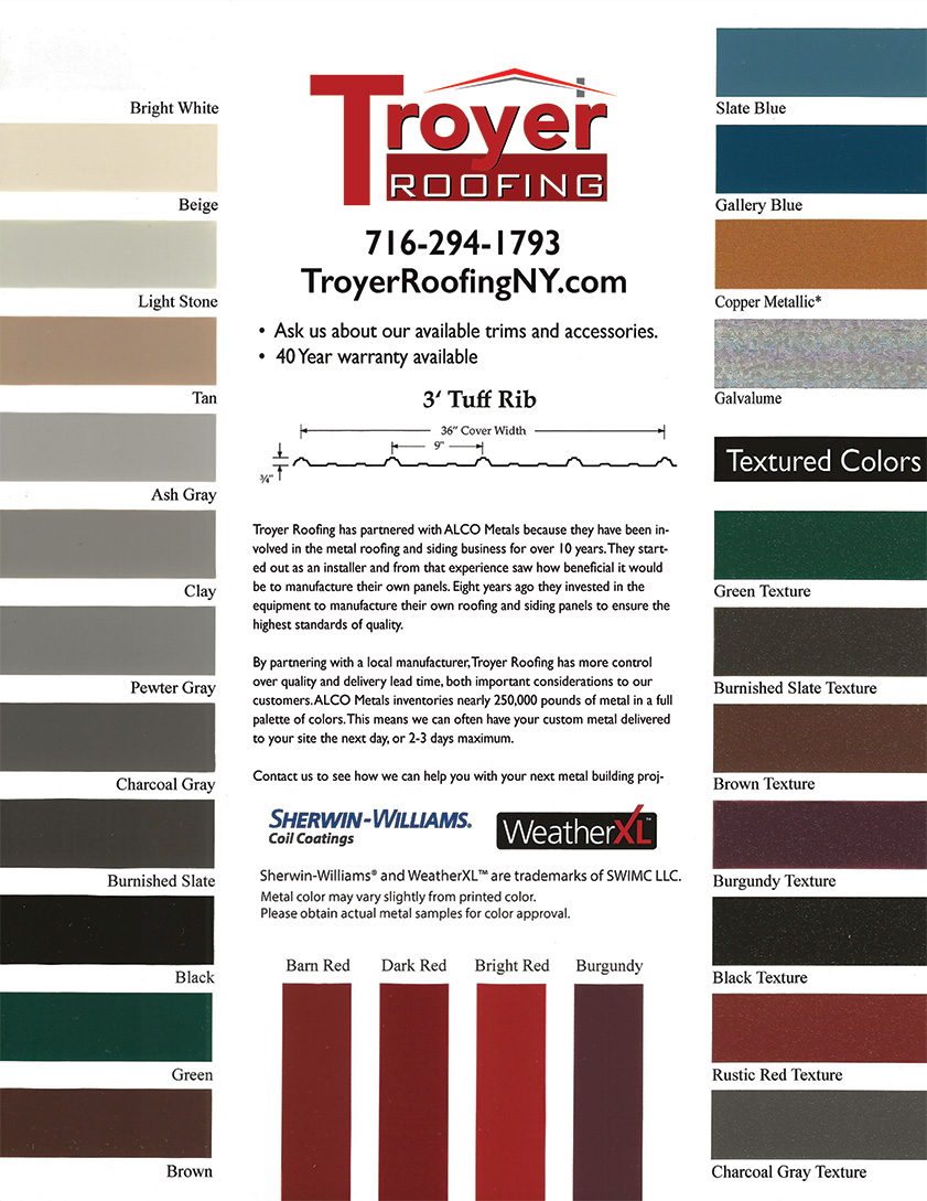 Metal roofing color chart for Troyer Roofing featuring ALCO Metals 3' Tuff Rib panels and 40-year warranty for Lake Erie area homes.